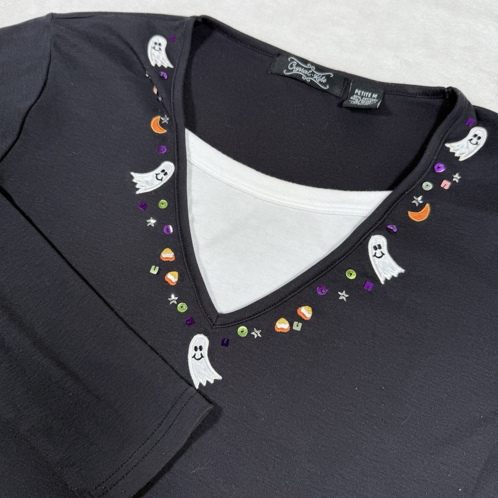 Crystal Kobe Halloween Long Sleeve Top Black Ghosts Candy Corn Sequins Medium